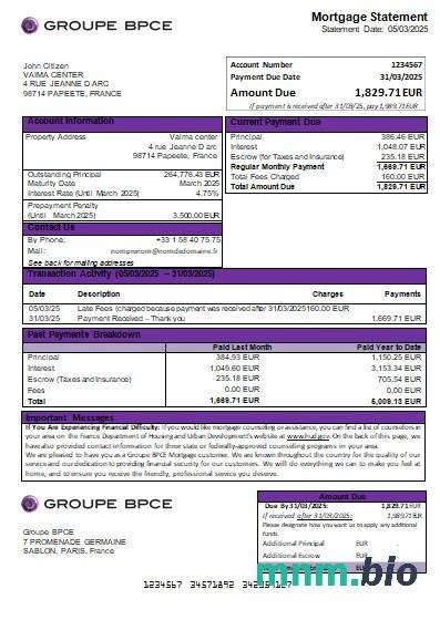 Francja Groupe BPCE wyciąg z kredytu hipotecznego szablon Word i PDF